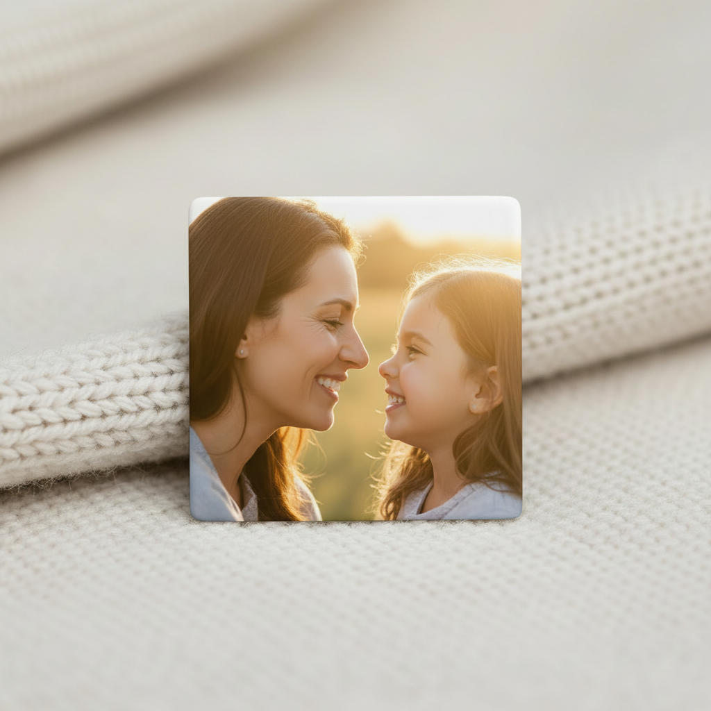 Close-up of a 2x2 personalized photo magnet with a full bleed print of a mother and daughter smiling outdoors